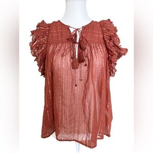 Ulla Johnson Metallic Stripe Sheer Blouse Copper Size 6